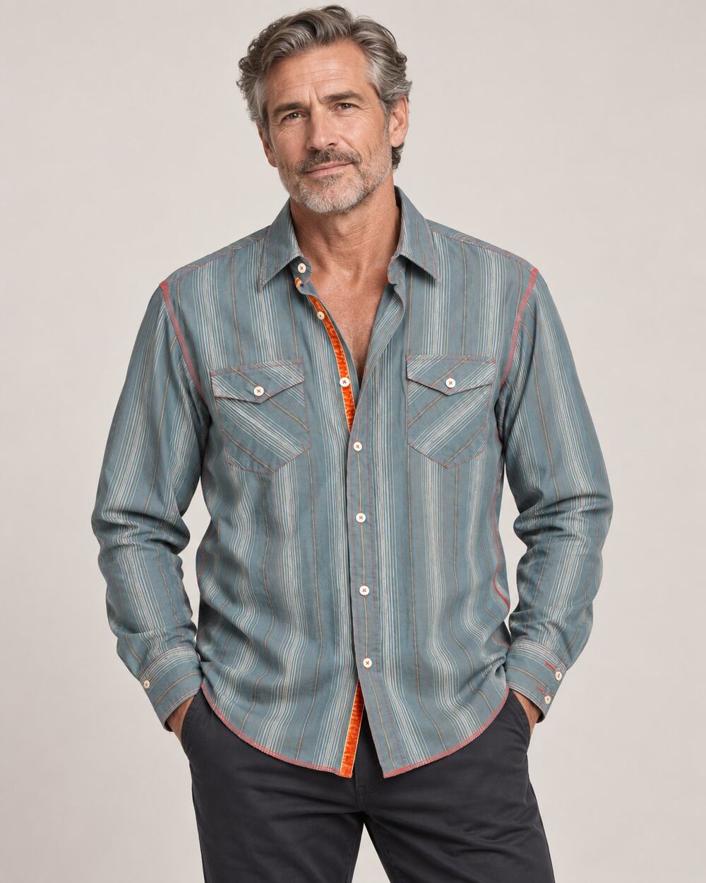 Arnold Zimberg Hollywood Men’s Western Shirt M Blue Stripe Velvet Trim 42"
